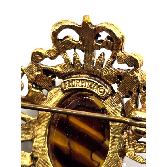 Vintage Florenza signed Gold Tone Filigree Pearl Cameo Brooch - Picture 3 of 9